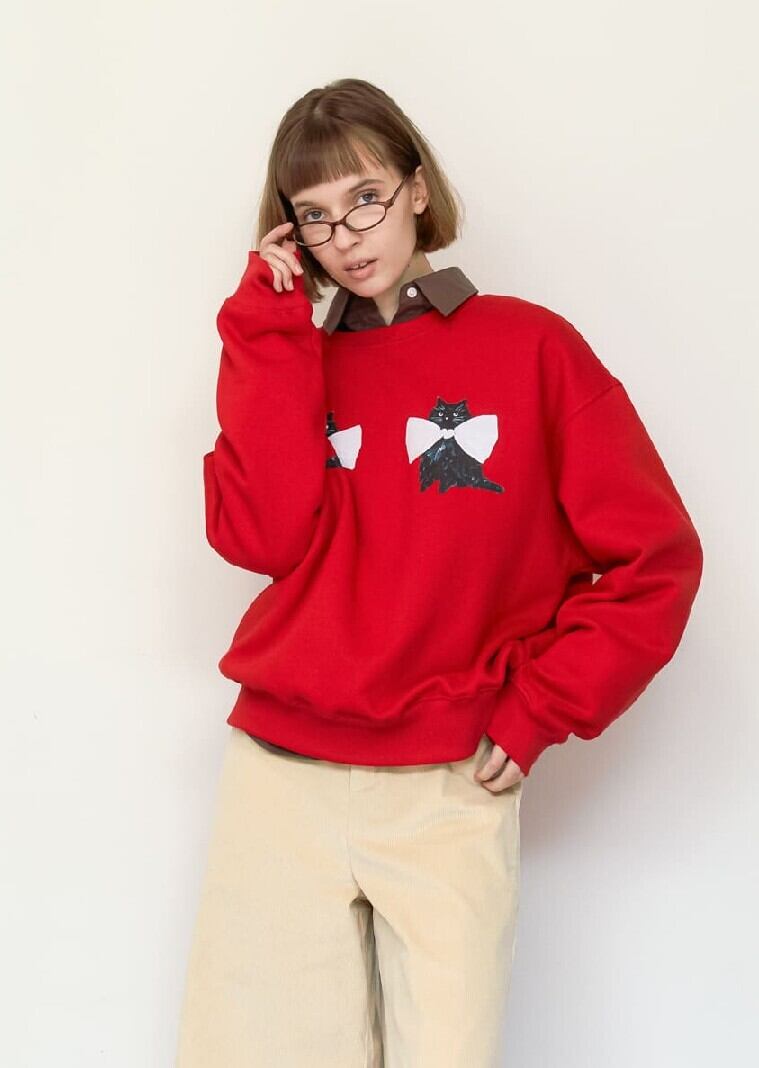 ☆New Jeans ミンジ 着用！！【RONRON】RIBBON CATS SWEATSHIRTS RED