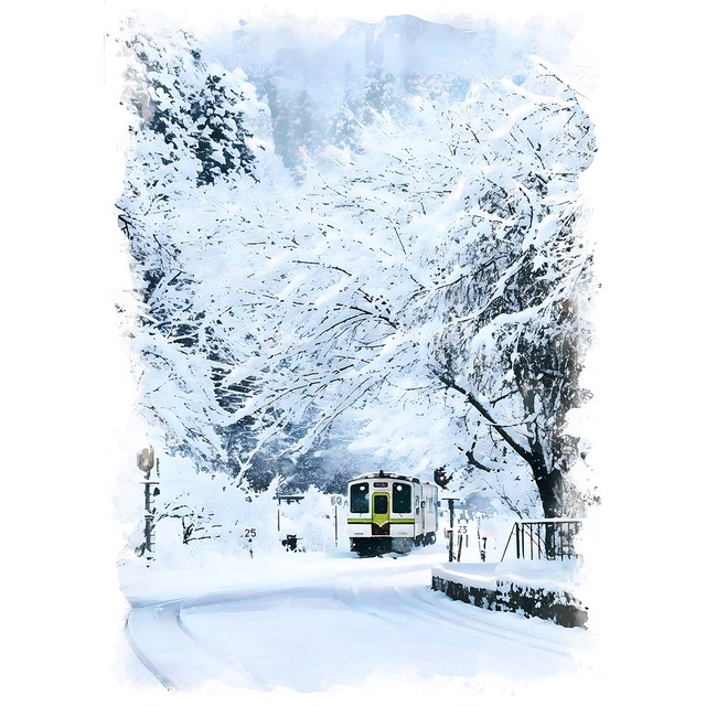 絵画(風景画) 日本 福島県 雪の会津鉄道 会津高原尾瀬口駅 インテリアアート額付き 水彩画・油絵調 WAT1250