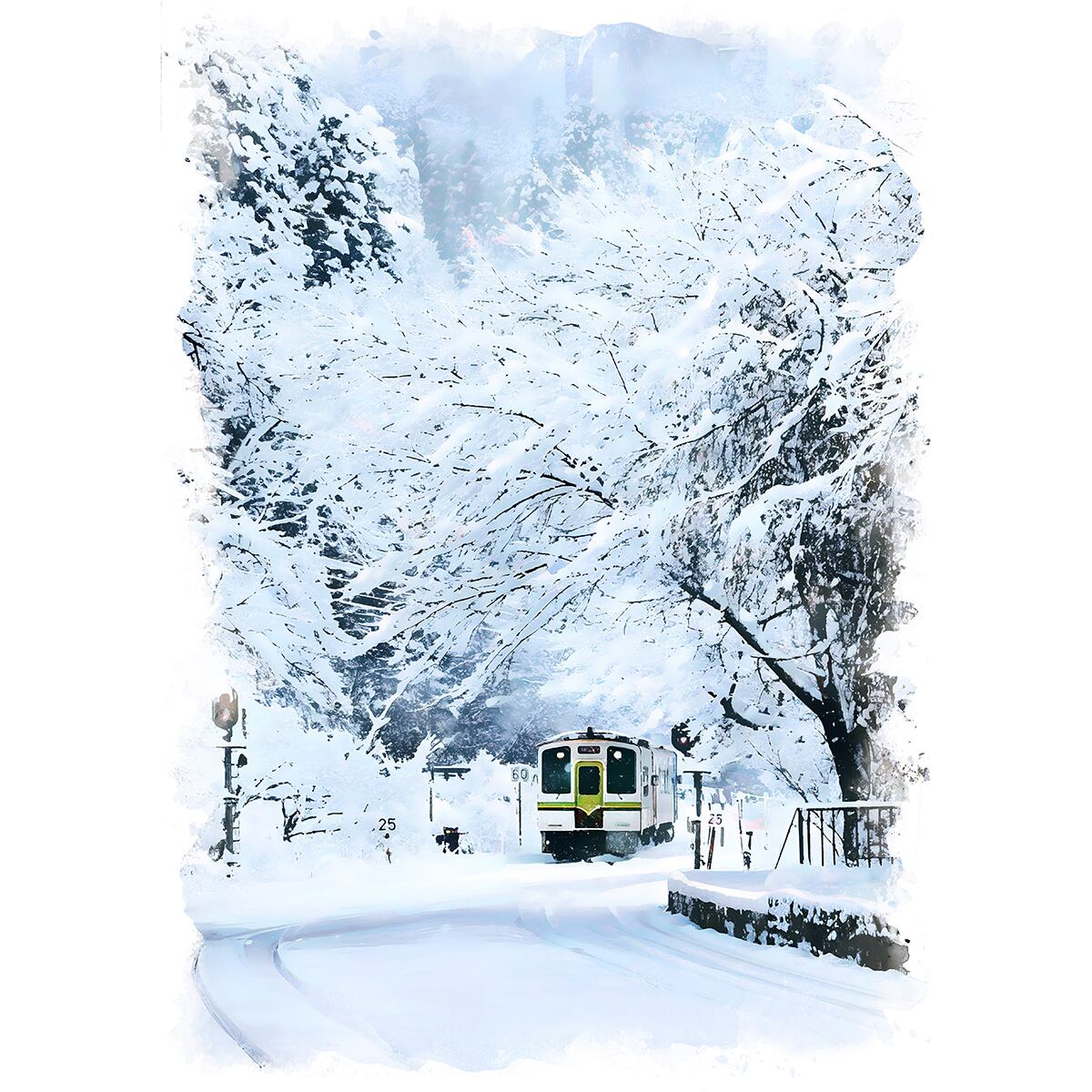 絵画(風景画) 日本 福島県 雪の会津鉄道 会津高原尾瀬口駅 インテリアアート額付き 水彩画・油絵調 WAT1250
