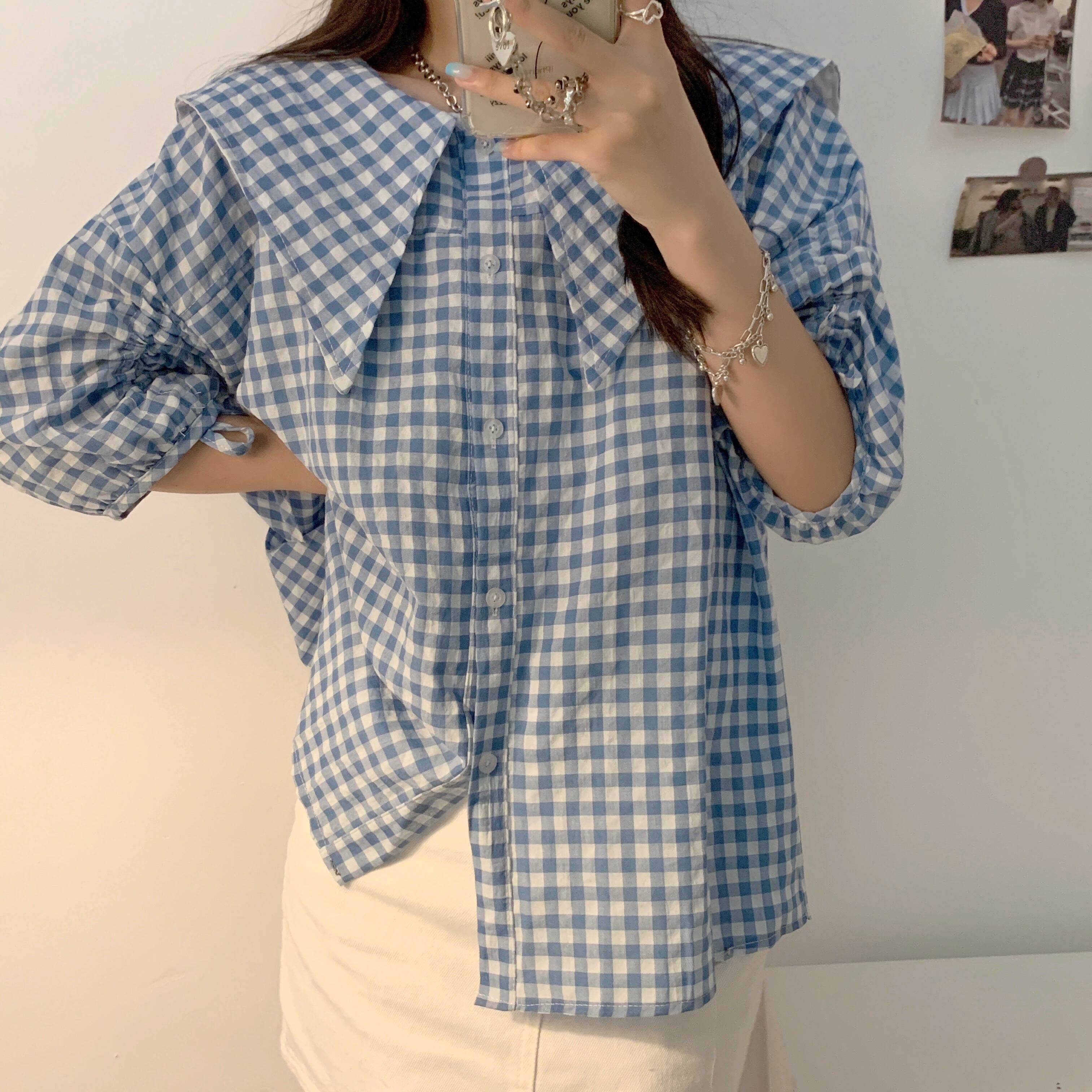 カラーギャザーカジュアルシャツ サマー薄手ルーズ格子柄 夏物 ドラファッションホール88935360481