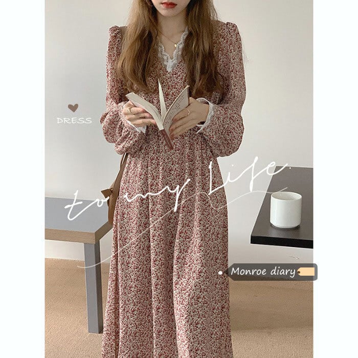 スタンダードルーズフローラルドレス オータムウィンターベルベットスカート レトロ 秋物 冬物 花柄 モンロー92298641126