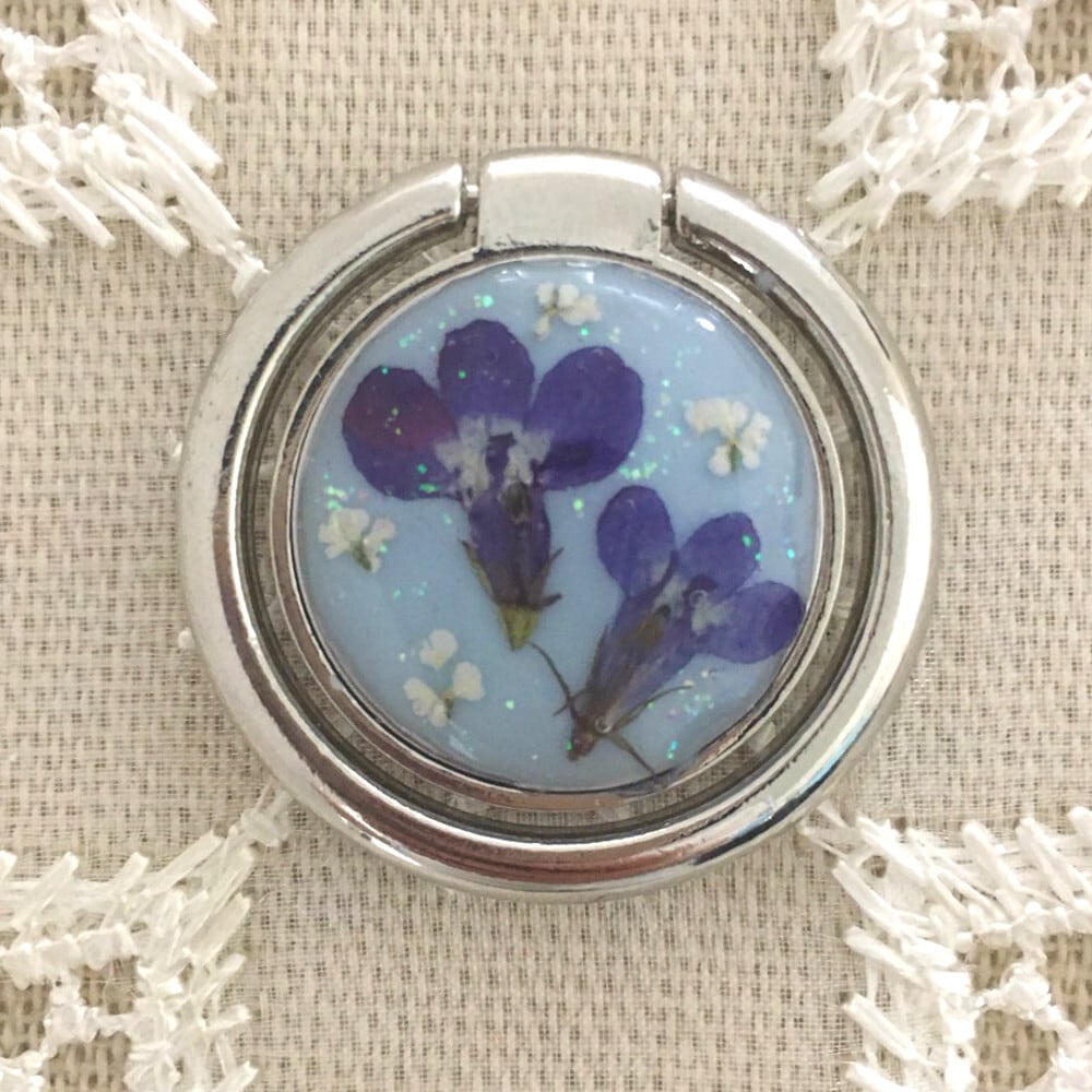 押し花スマホリング ハンドメイド シルバー ブルー バンカーリング レジン はなはなぐりゅっけ