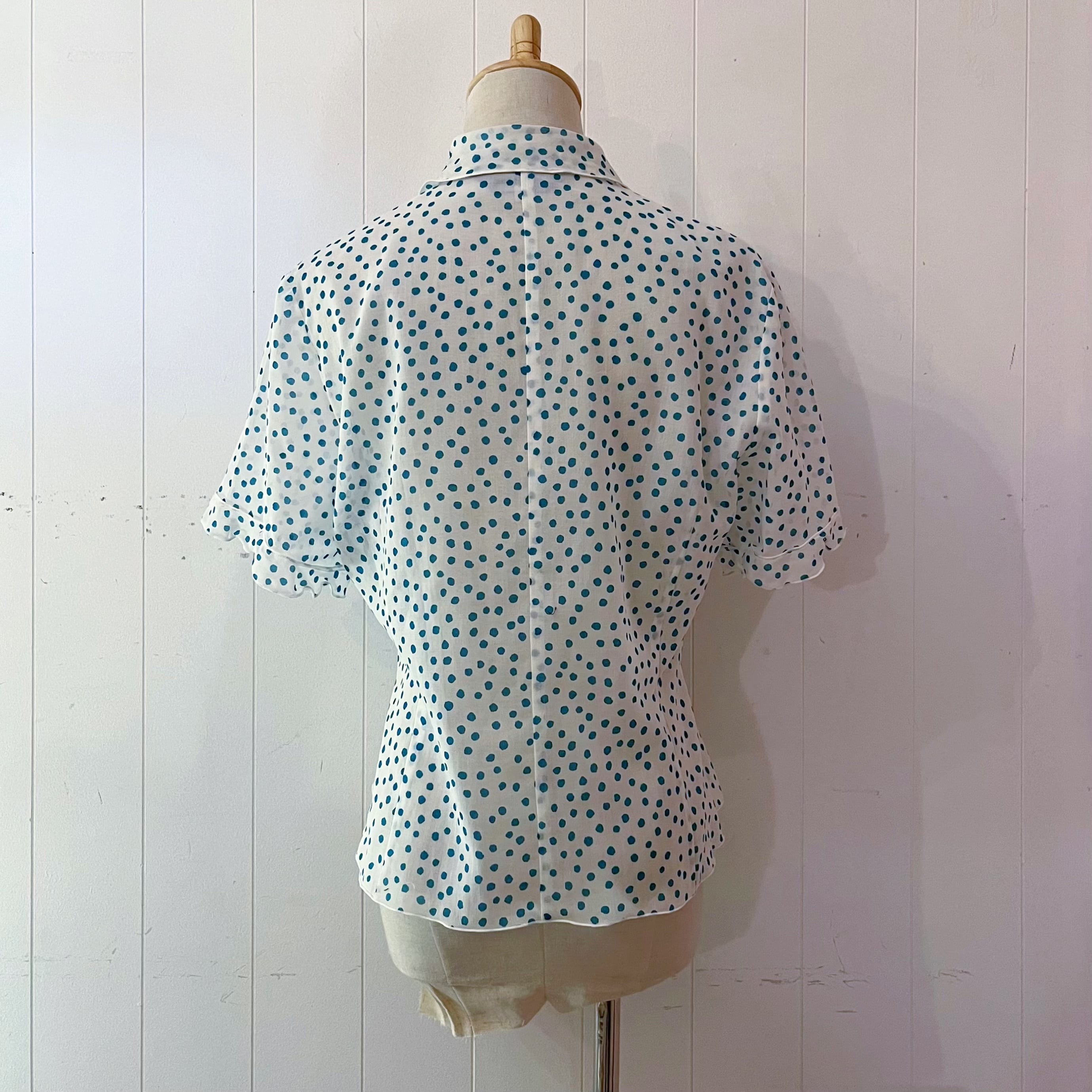 water blue dot frill blouse
