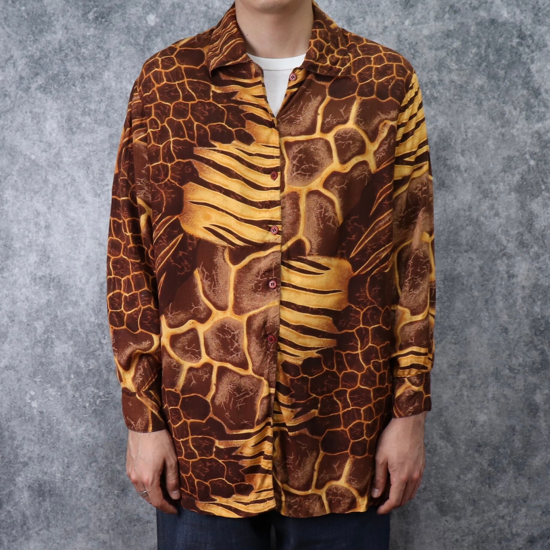 1980~90s    Giraffe  Pattern   Rayon   Shirts    L　A273