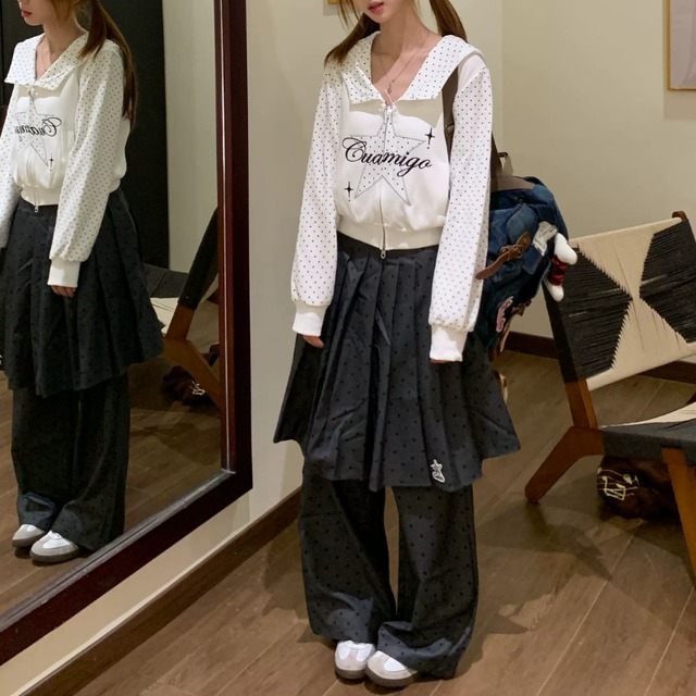 dot pleated layered skirt-pants　ドットプリーツレイヤードスカートパンツ　J2131