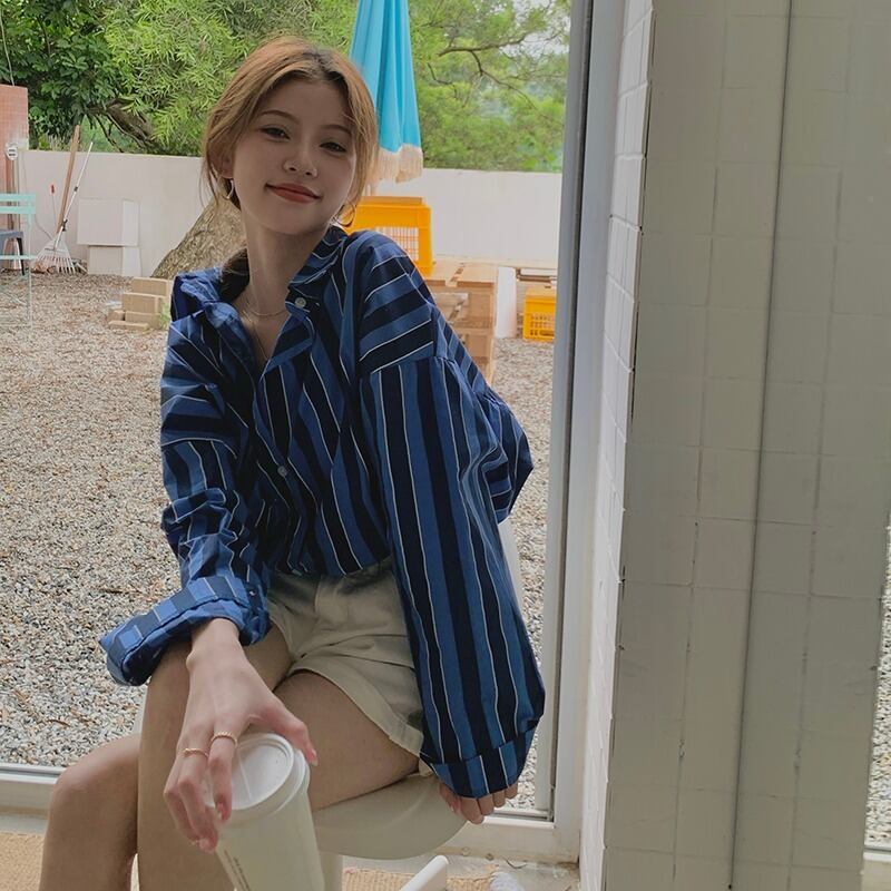 スタンダードルーズダークブルーストライプシャツ オータムジャケット トップス レトロ 秋物 萌量不足80809736011