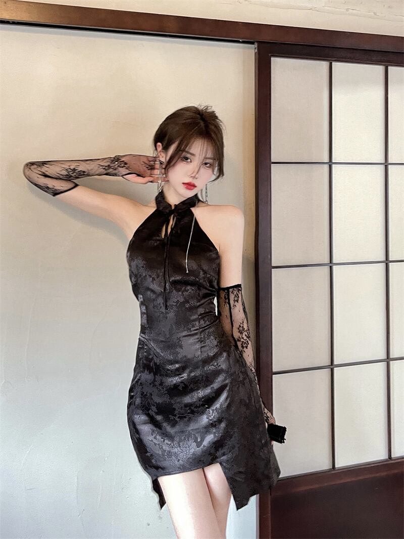 ドレス スタンダードブラックウェストショートスカート サマーホルター レトロ 夏物 ブラックストロベリース23768211235