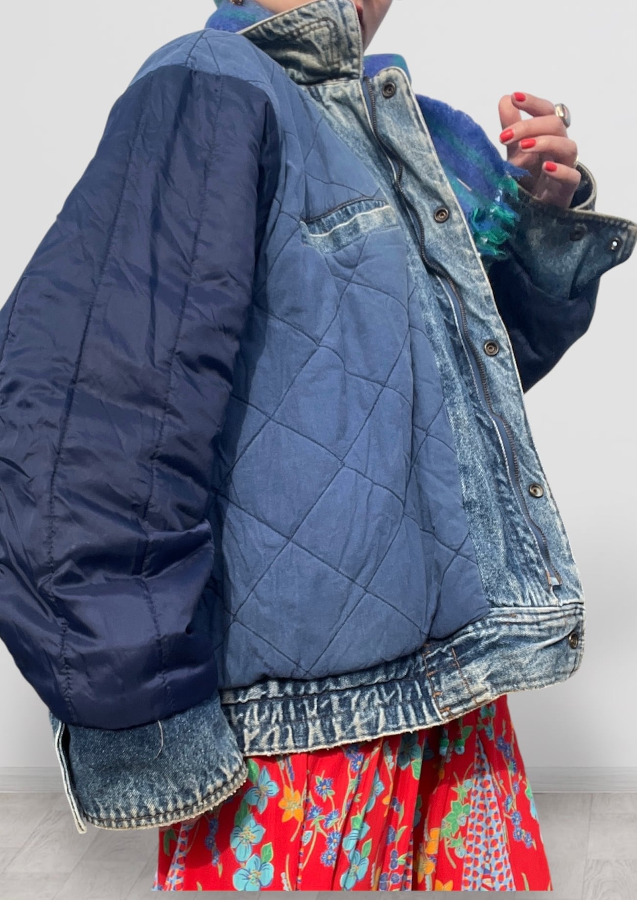 80s big size denim × quilting jacket