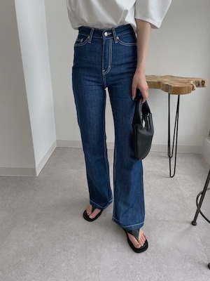 high waist stitch detail flare denim