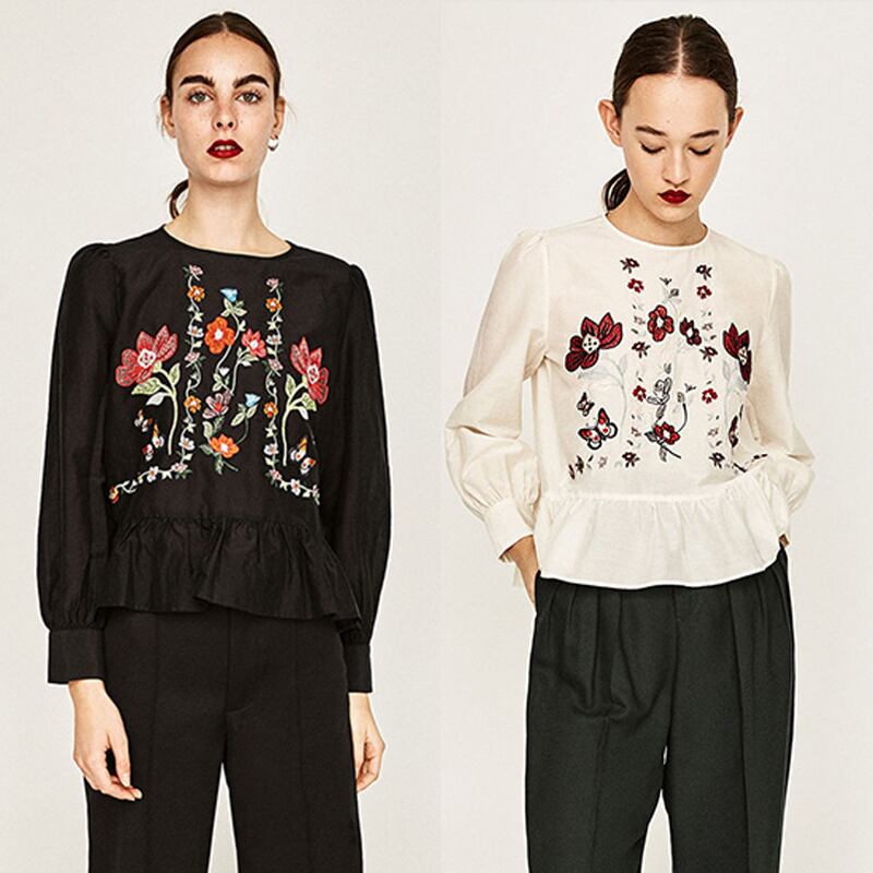 長袖 クルーネック 花刺繍 フリルカットソー
