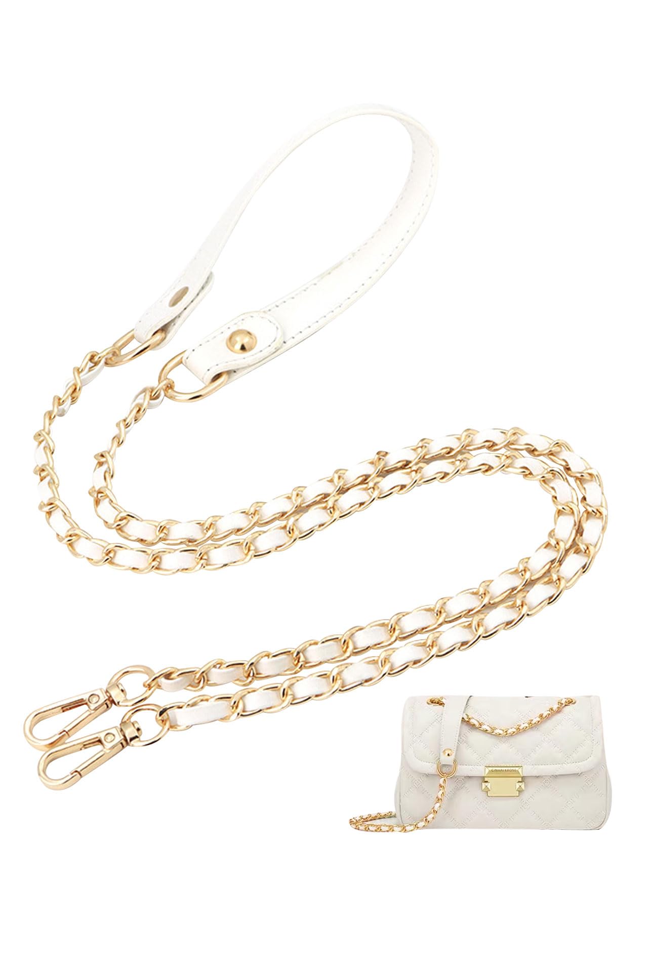 【新着特価】ショルダースト ショルダーストラップ バッグ用 チェーンショルダーストラップ ショルダーバッグ ひも バッグ修理 交換用 持ち手ストラップ ショルダースト 単品 ラップ バッグ用 約120cm (レザー(一部) 白+金)