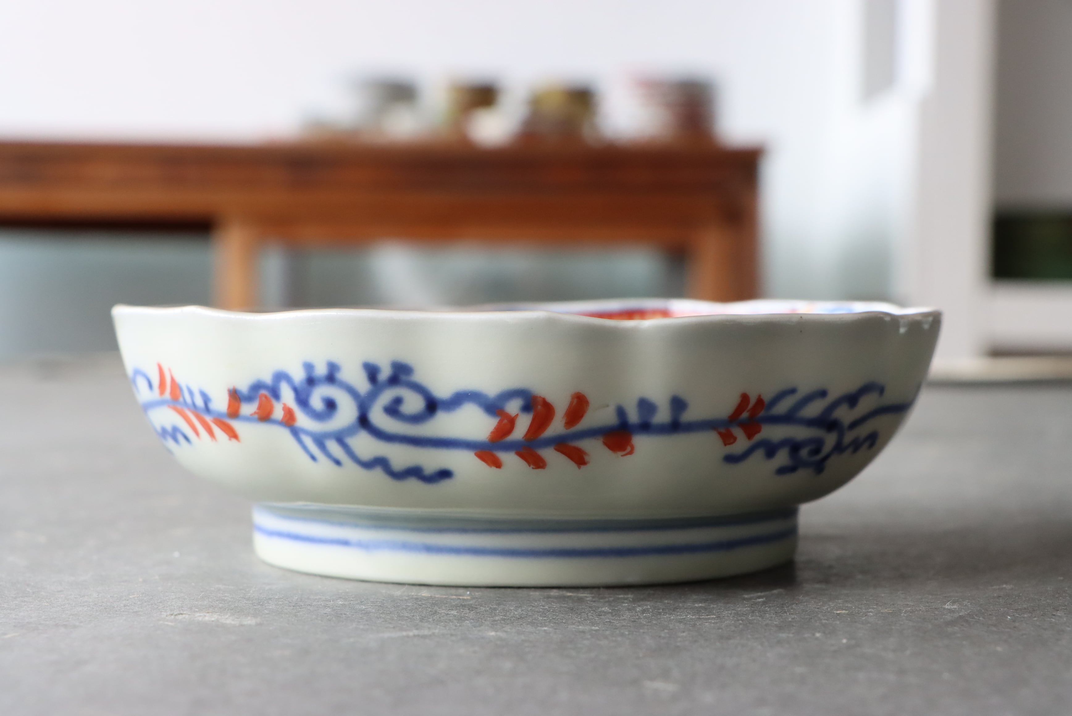 伊万里焼 色絵 花籠文 輪花 膾皿/Imari 