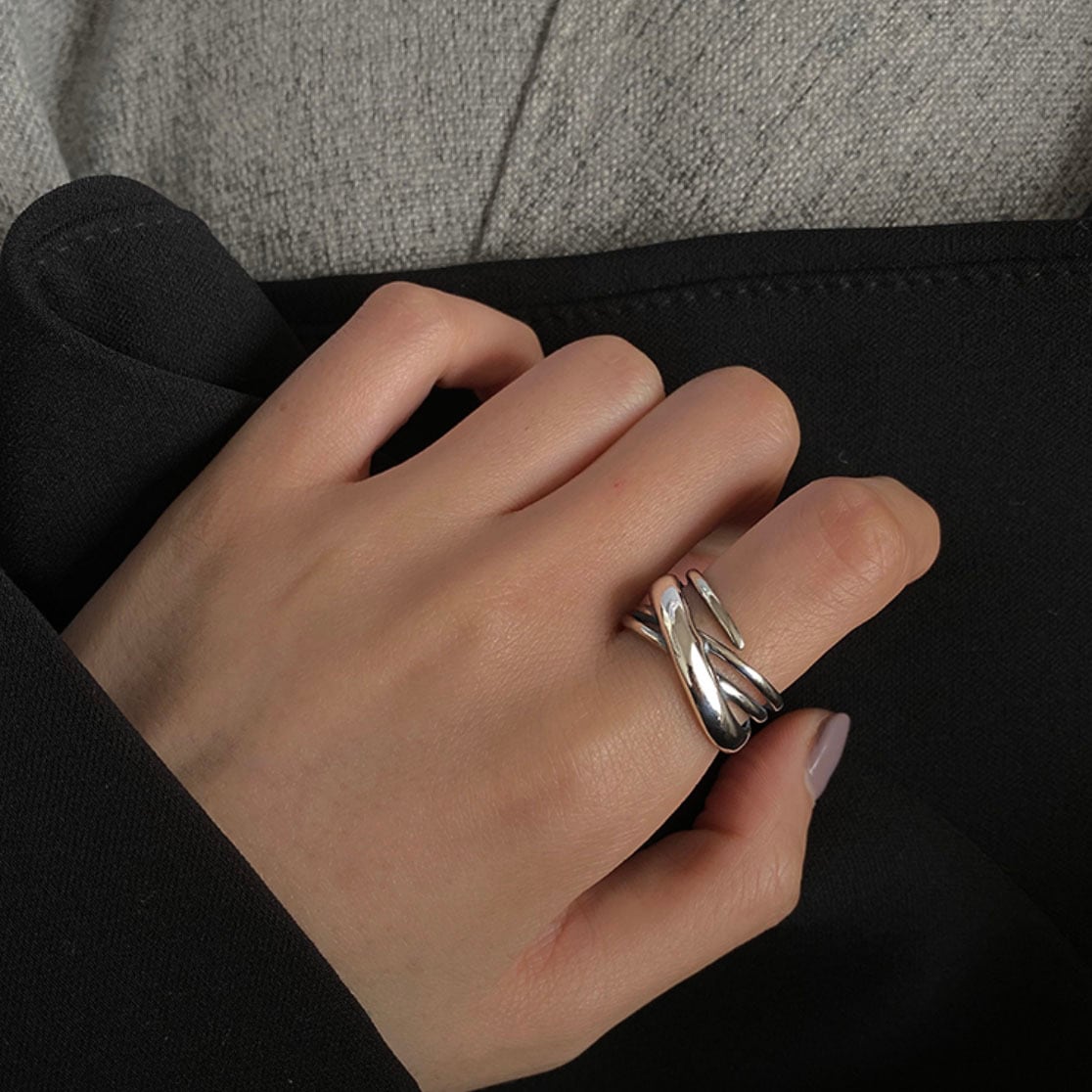 シルバーリング 925 銀 多重ワイド シンメトリー 幅広 個性的 韓国 指輪②