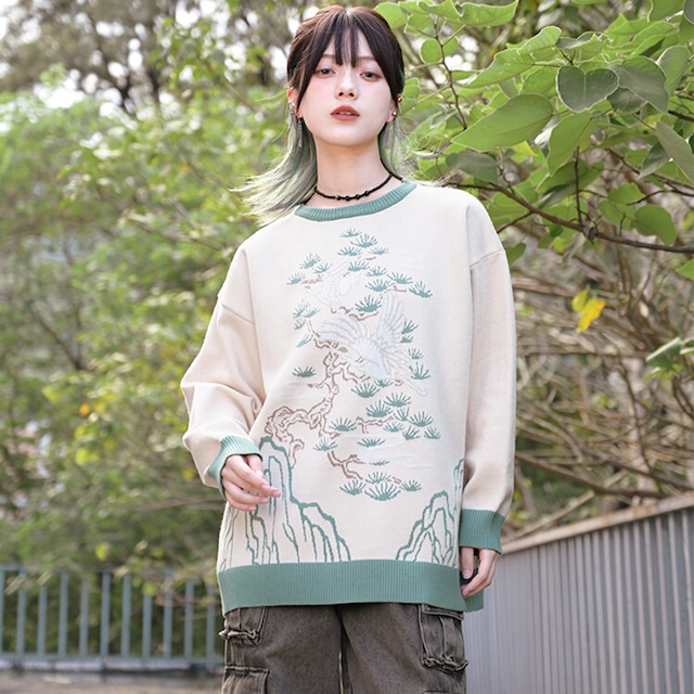 【古怪舍---松鶴シリーズ】★チャイナ風トップス★ セーター ニットトップス 鶴 つる ツル 配色 合わせやすい