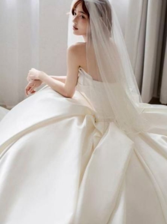 高品質！ ウエディングドレス ホワイト ミニトレーン/短トレーン 長袖　エレウェディングドレス