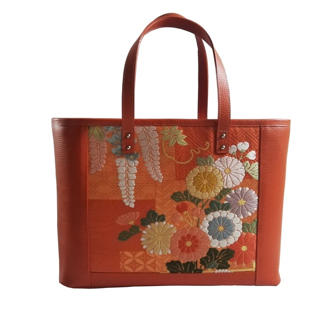 トートバッグ（A4サイズ収納可）オレンジ 【四季の花】帯バッグ | 帯地 
