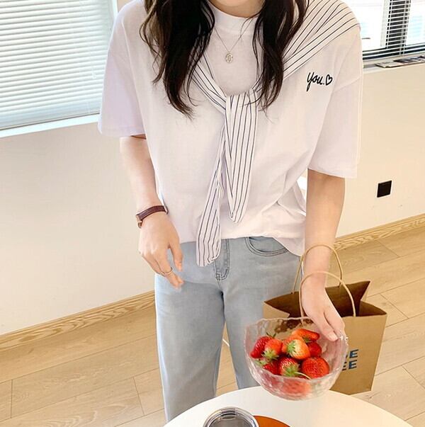 新作 21 トップス 春夏 トップス 半袖 カットソーレディース Tシャツ Tしゃつレディース 半袖 レディース レイヤード風トップス ドッキングトップス ストライプ シャツ 肩掛け コットン Tシャツ レディース クルーネックtシャツレディース 体型カバー ゆったり 2色