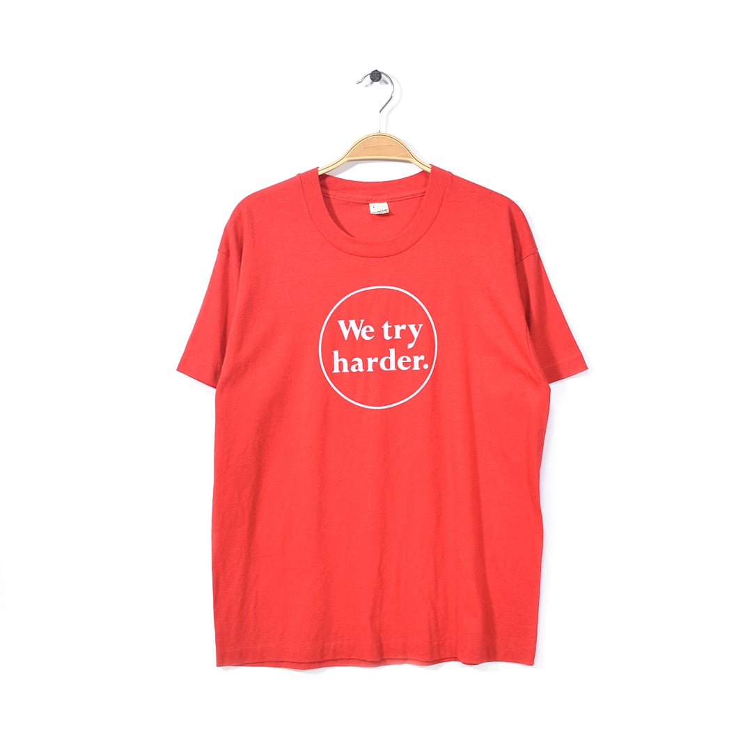 80s スクリーンスターズ メッセージ ヴィンテージTシャツ 背番号6 袖裾シングル 赤 WE TRY HARDER サイズL アメカジ 古着 @BZ0117