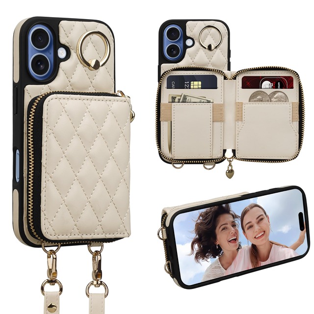 【Keallce】 iPhone 17 ショルダー ケース 手帳型 iPhone17 背面手帳型 ケース いPhone17 手帳型 ケース 肩掛け 斜め掛け ストラップ付き カード収納 小銭入れ PUレザー リング付き 全面保護 女性向け おしゃれ 可愛い 贈り物 アイフォン17 財布型 6.3inch ホワイト