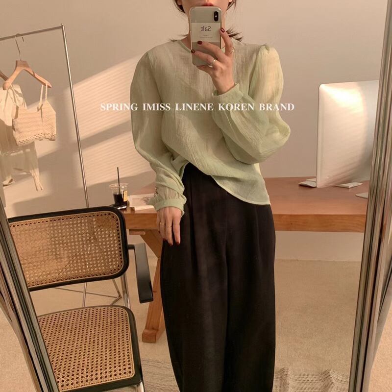 トップス スプリングサマーラウンドネックシャツ ソリッド カラーレディース ロング 春物 夏物 Oネック ソリッドカラー ビッグFスモールZ韓国40832495618