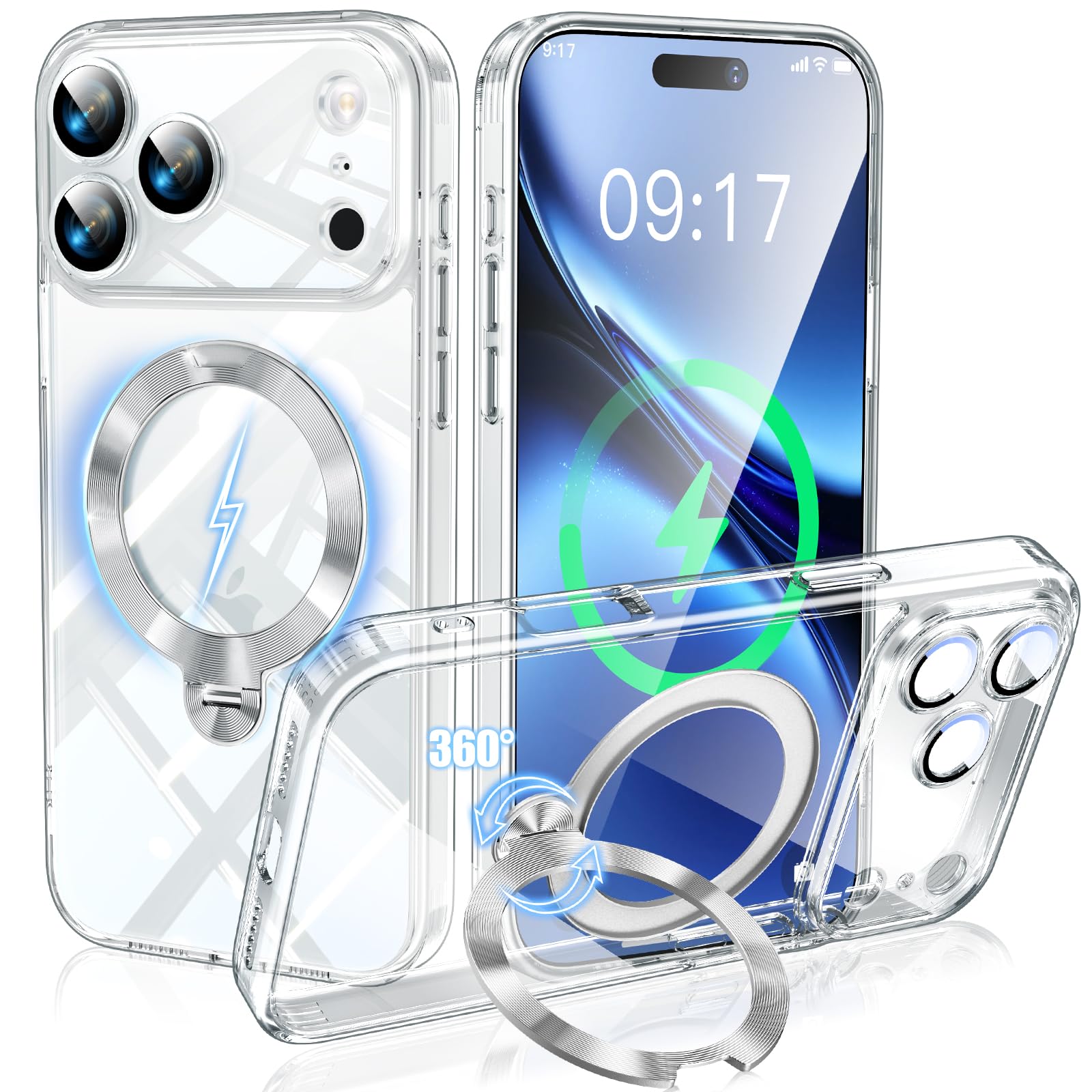 iPhone 18 Pro Max/17 Pro Max用 ケースクリア MagSafe対応 一体型カメラ保護 光沢CD紋様 360°スタンド 透明