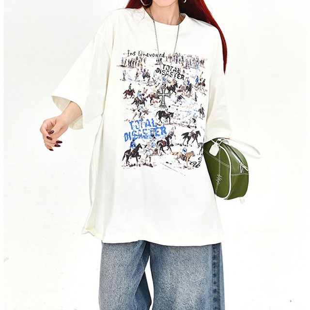 ホースコラージュアートビッグTシャツ 2col   R01703