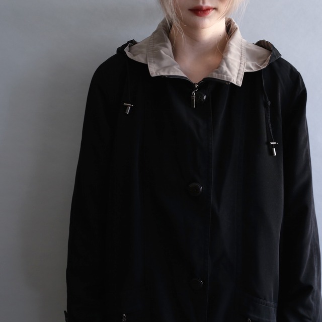 zip-up and button high-neck coat with hoodie and liner