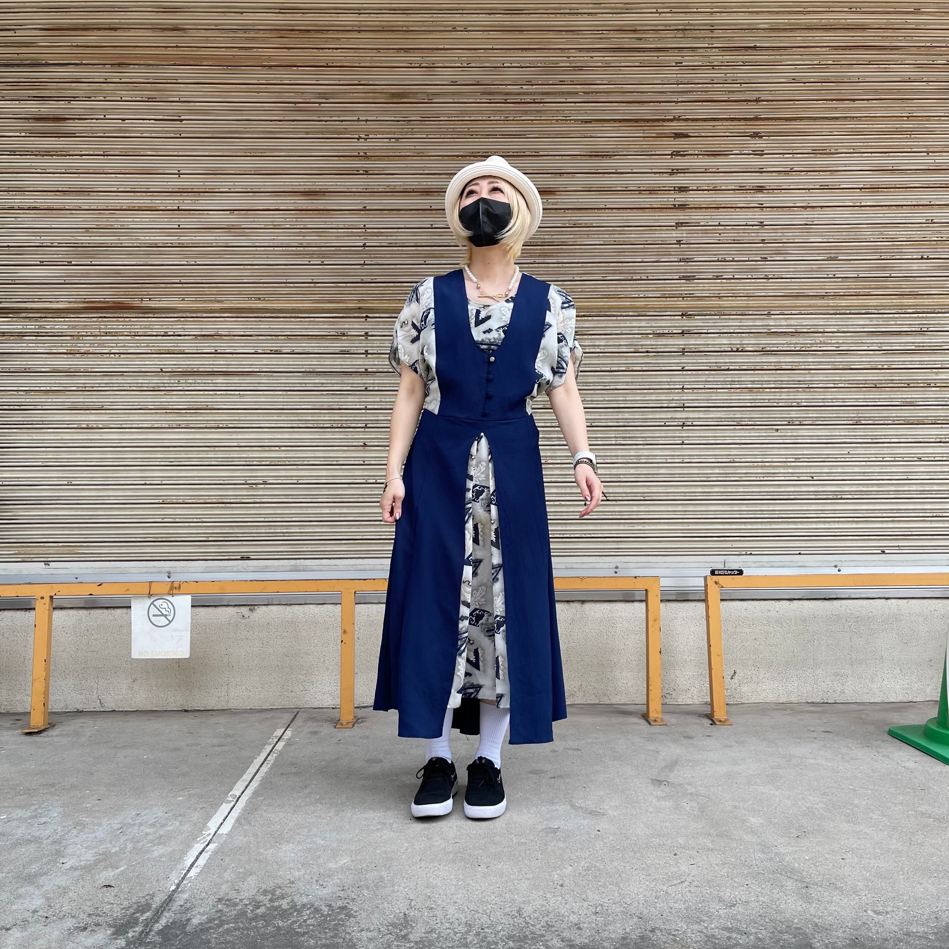 レトロ アンティーク 異素材 マリン風 半袖ワンピース L位 Used Vintage Clothing Bridge