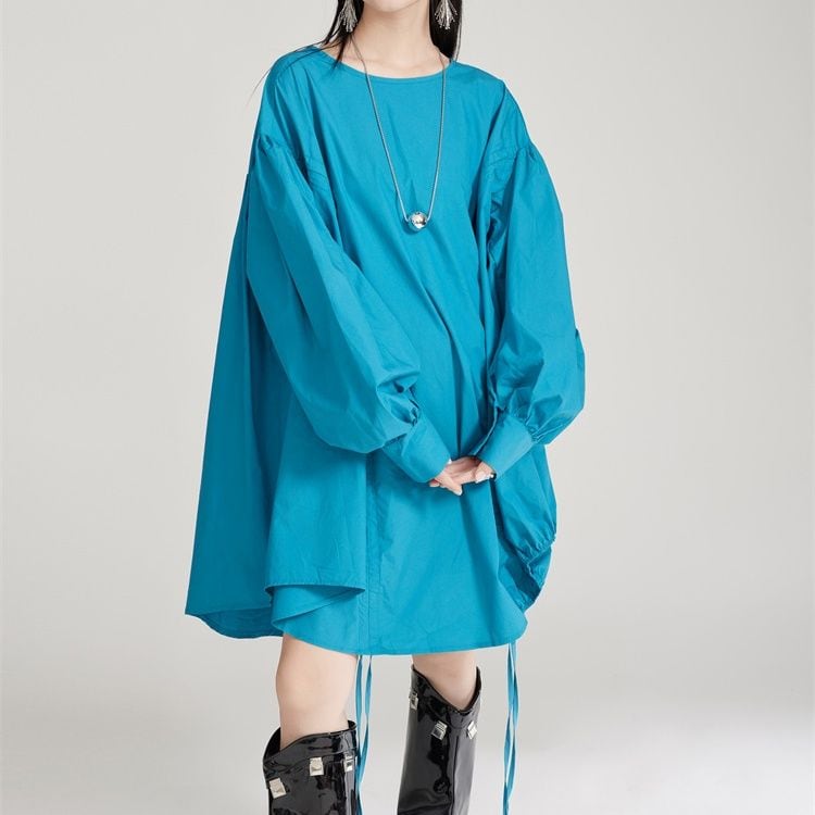 LANTERN SLEEVES BOAT NECK DRAW STRING PULLOVER TUNIC SHIRT 1color M-11820