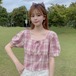 ✞ ショートシャツブラウスレースチェック柄スリムスリーブトップス スウィート スクウェア ✞ゴスロリ SM ミリ 甘ロリ クラロリ 和ロリ エレガント 黒ロリ 姫ロリ 華ロリ BB-BB5996240