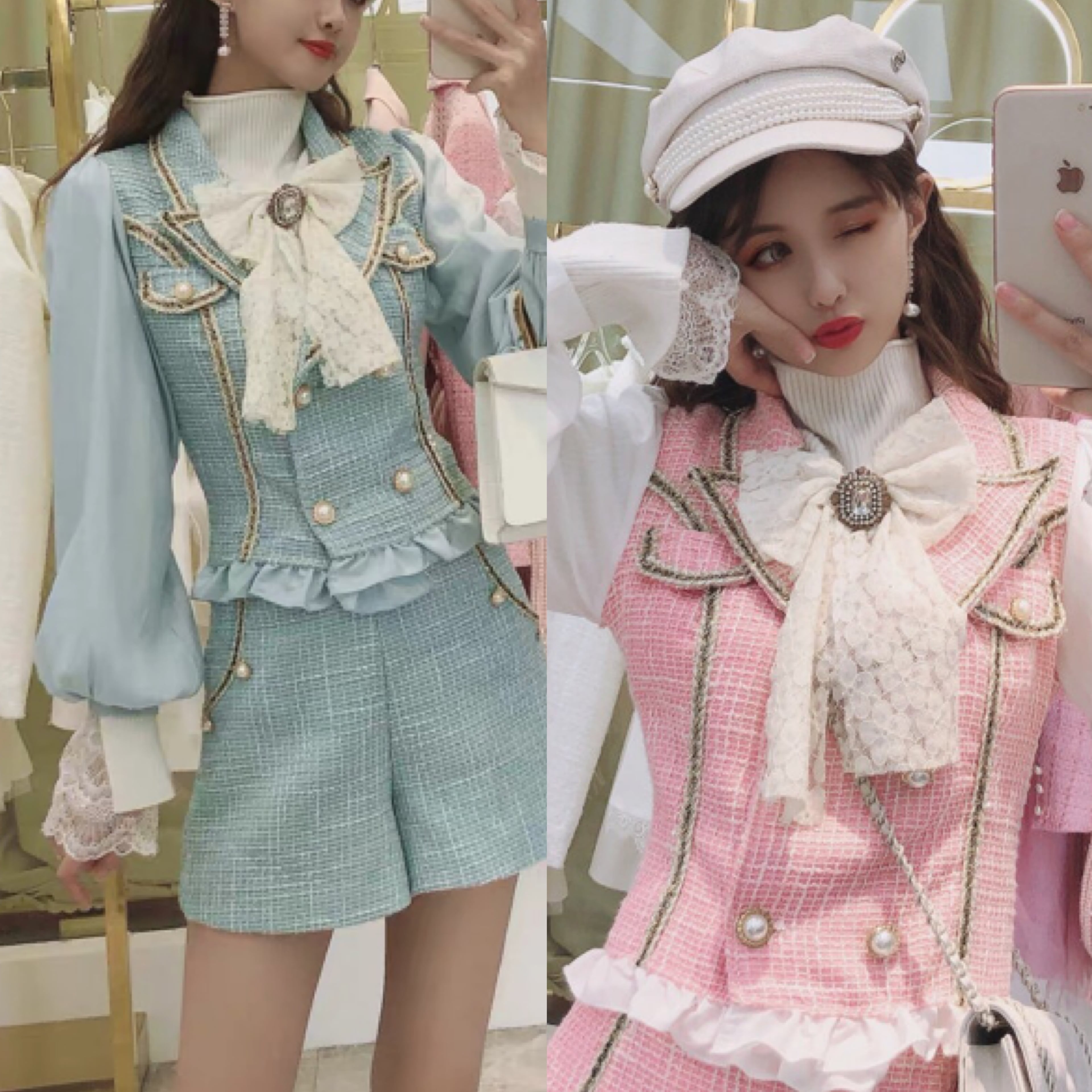 2カラー】【セットアップ】リボン ツイード ピンク 水色 | LOVEYsmileSHOP