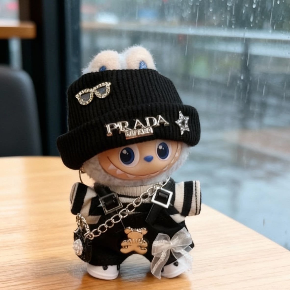 超絶可愛い♡ Labubu 4.0 10cm 用 黒白ストライプ コーデセット 子犬の靴&小熊付きサスペンダー 着せ替え 全品セット the monsters4.0