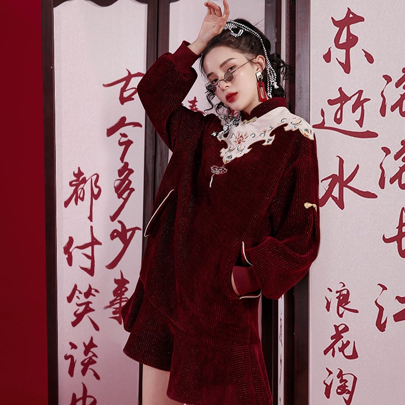 Jkjsシリーズ チャイナ風ワンピース 秋冬服 厚て 暖か チャイナ服 ワインレッド 赤 S M L Ll 刺繍 Elegant