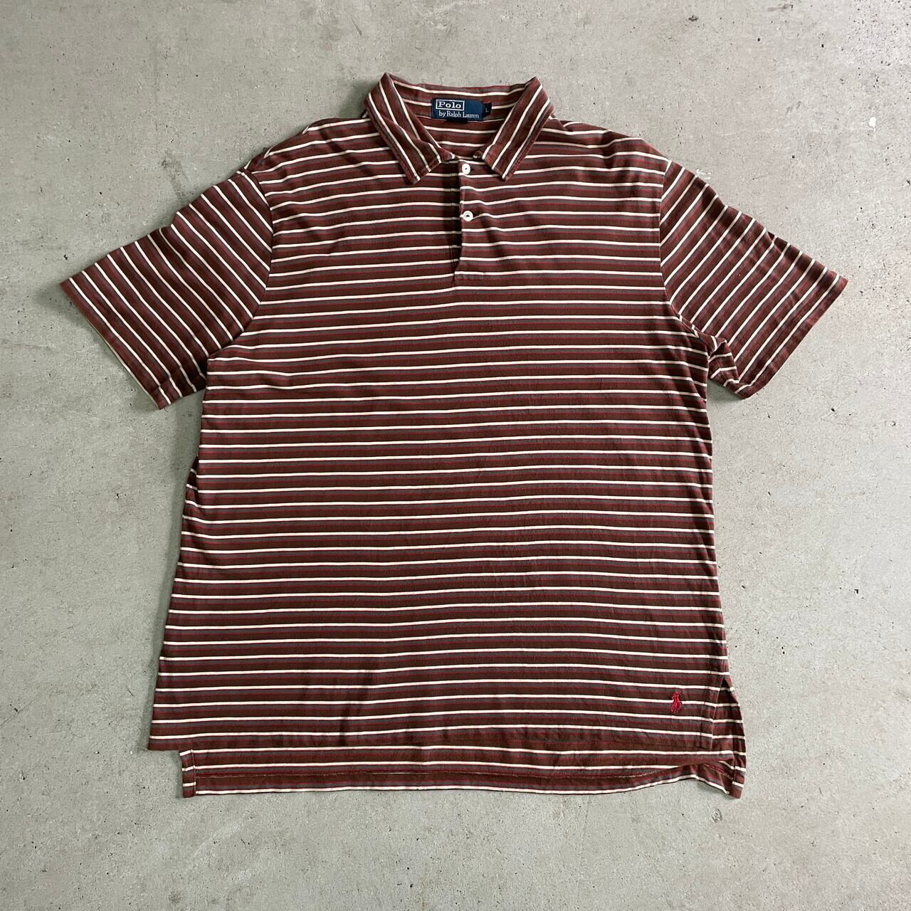 90年代 Polo by Ralph Lauren オールドラルフローレン 裾ポニー Tシャツ地 マルチボーダー ポロシャツ メンズL 古着 90s  ヴィンテージ ビンテージ ワンポイントロゴ刺繍 ブラウン レッド グリーン アイボリー 茶色 赤色 緑色 生成り【ポロシャツ】 | cave