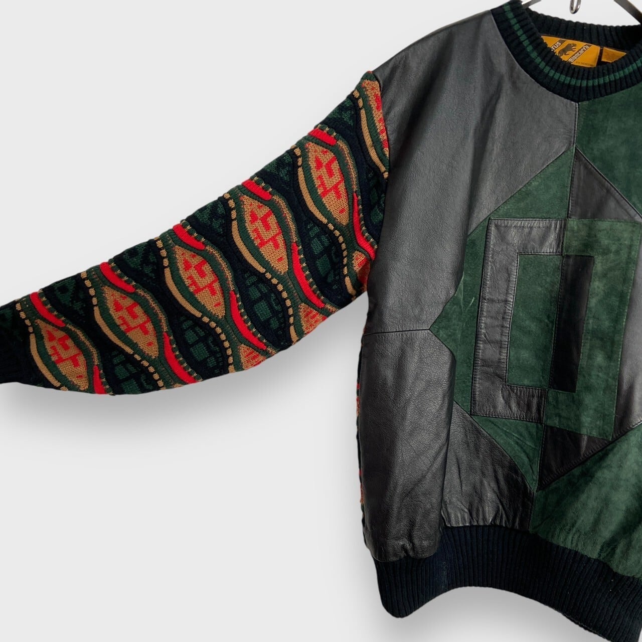 80s TRUTUS Biancara レザー切り替え　ニット　古着 90s TRUTUSBiancarra レザー切り替え3Dニット クージータイプ | 古着屋 Uan
