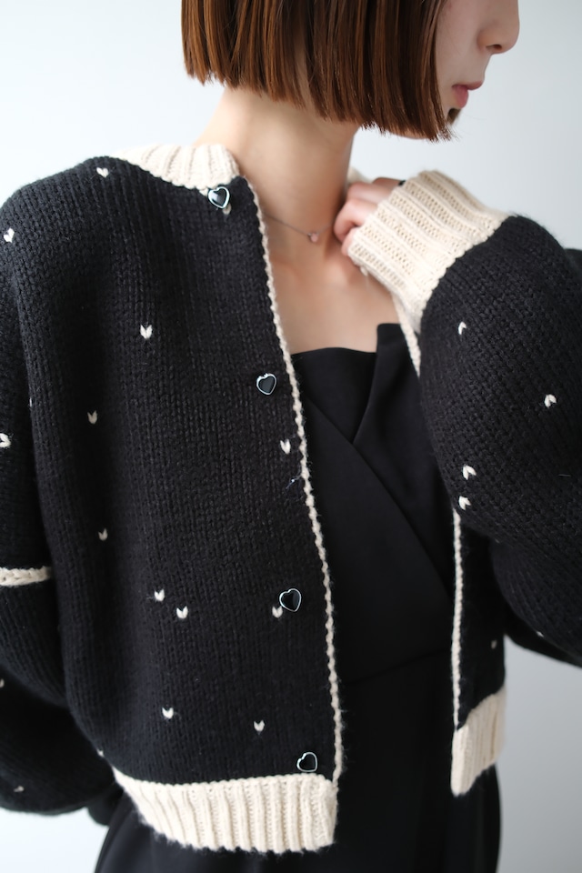 WILLFULLY  Heart Dot Jacquard Reversible Cropped Knit Cardigan ハートドットジャガードリバーシブルクロップドニットカーディガン　TanxBlack