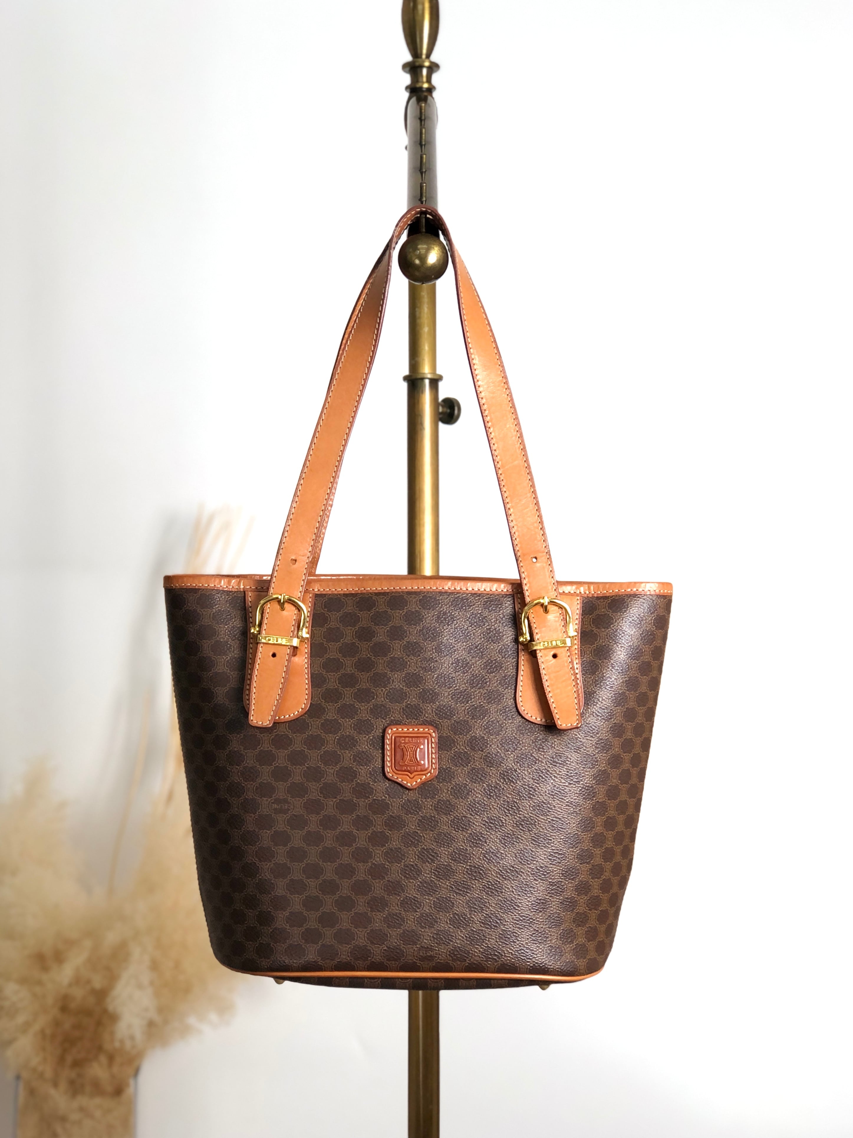 CELINE セリーヌ マカダム ハンドバッグ ブラウン ブラゾン型押し PVCレザー トートバッグ M94 vintage ヴィンテージ オールド a5px6p