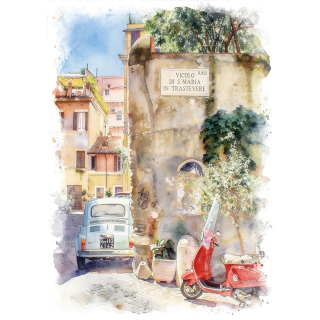 絵画 風景画(街並み)  イタリア ローマ トラステベレ インテリアアート額付き 水彩画・油絵風 WAT1031
