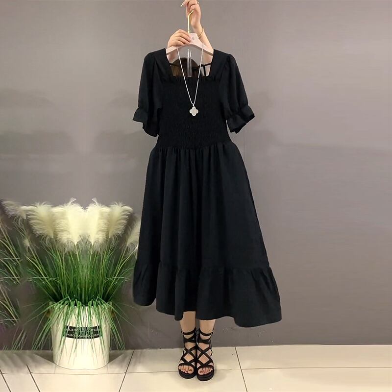 サマースタイルストレッチウェストドレス 薄手 レース エラスティック 伸縮 大きめサイズ 夏物 レースアップ スクウェア ミックスインファッション95536294718