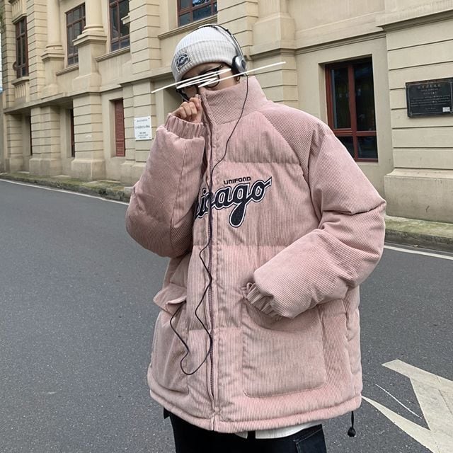 予約販売】ダウンジャケット アウター コーデュロイ 胸ロゴ ストリート