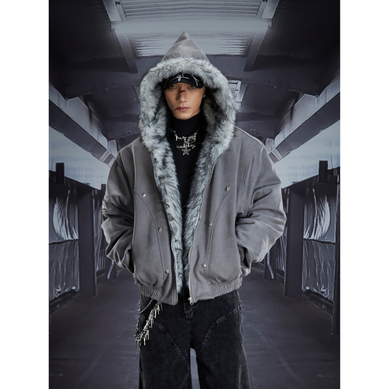 【暖かさUP】メタルクロス ファー中綿ジャケット T1977