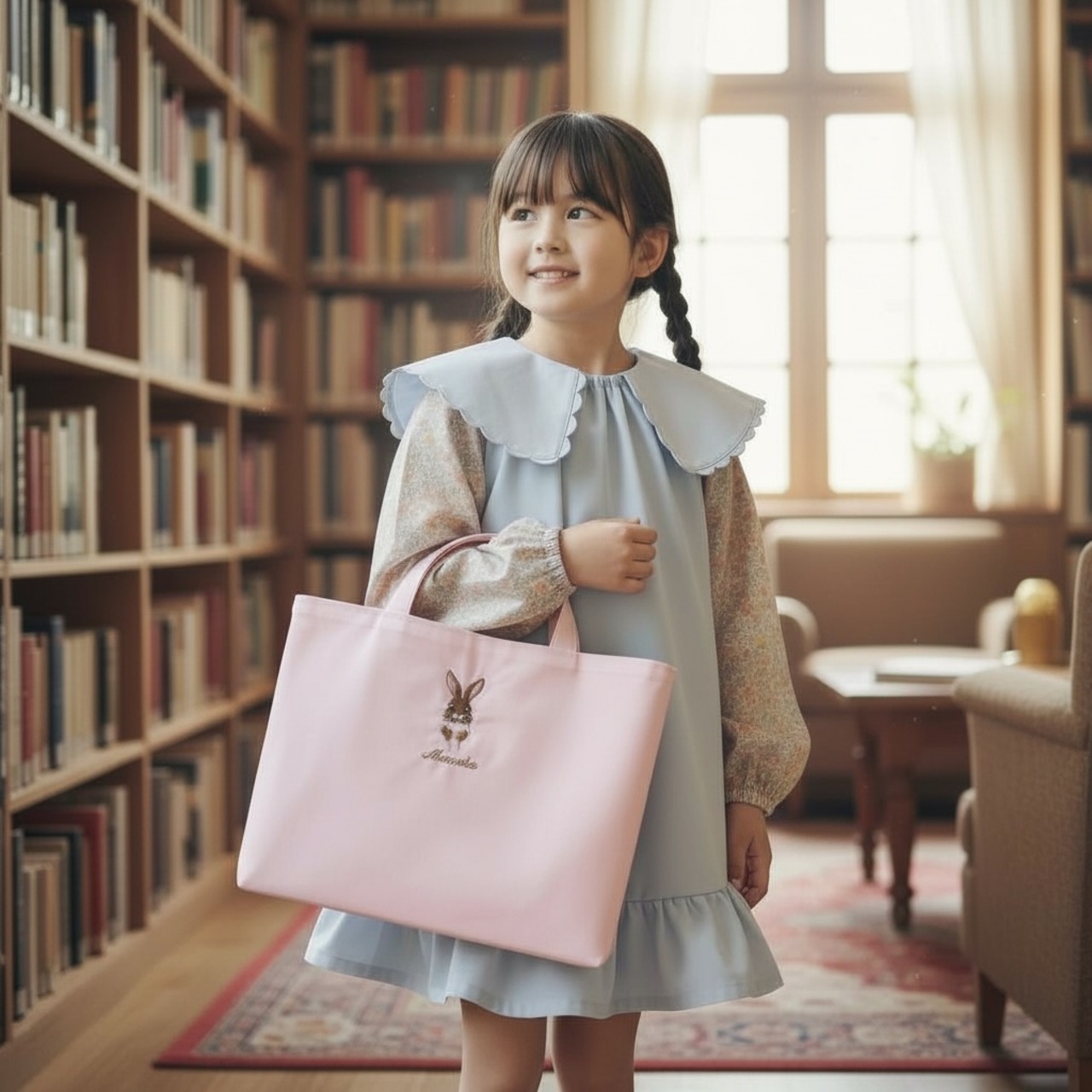 バニー刺繍のレッスンバッグ|ギンガムチェック|うさぎ|女の子