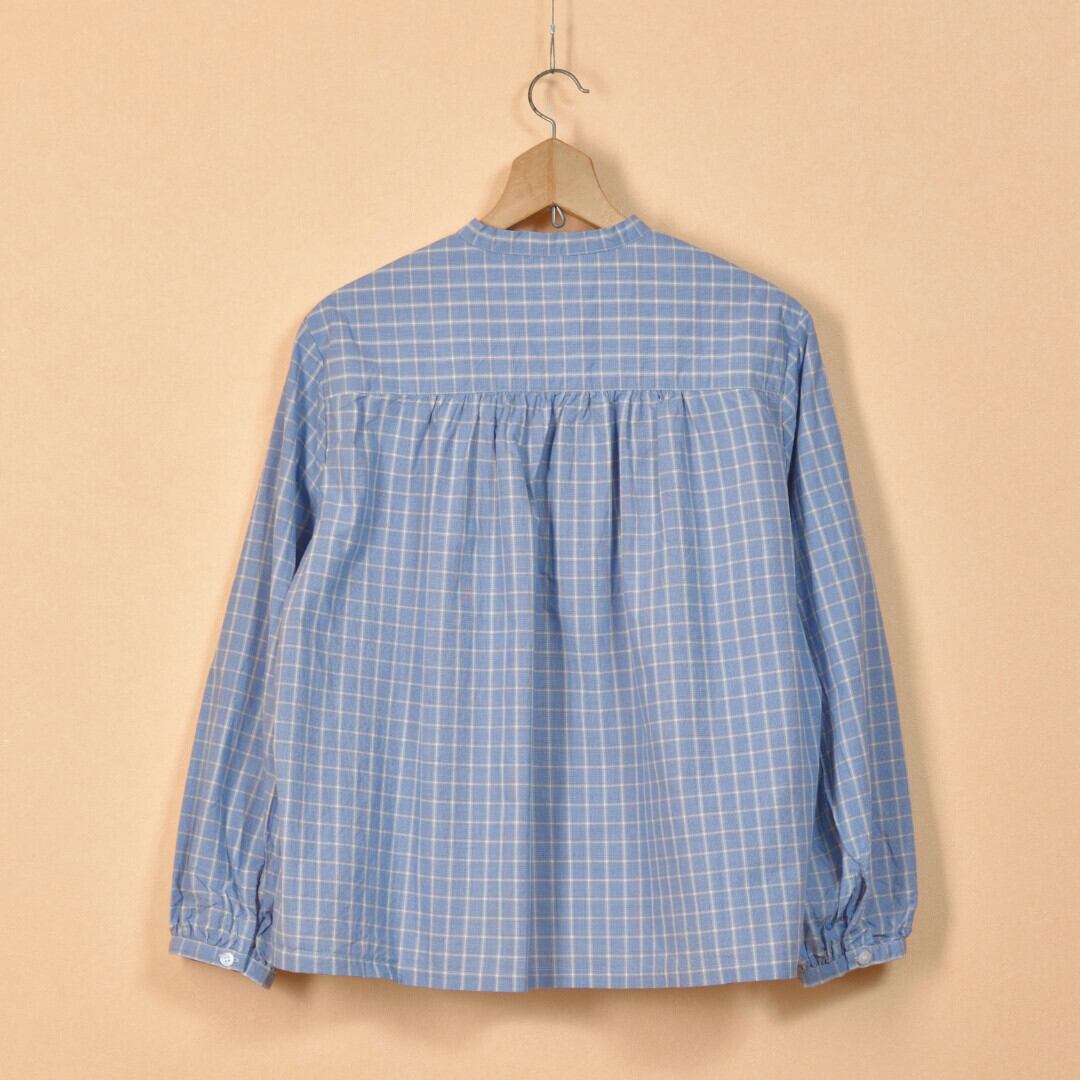 Sarahwear サラウエア 「Marin」パターンポプリン・ボウタイブラウス C52911・ブルーチェック 可愛過ぎないギャザーブラウスです。