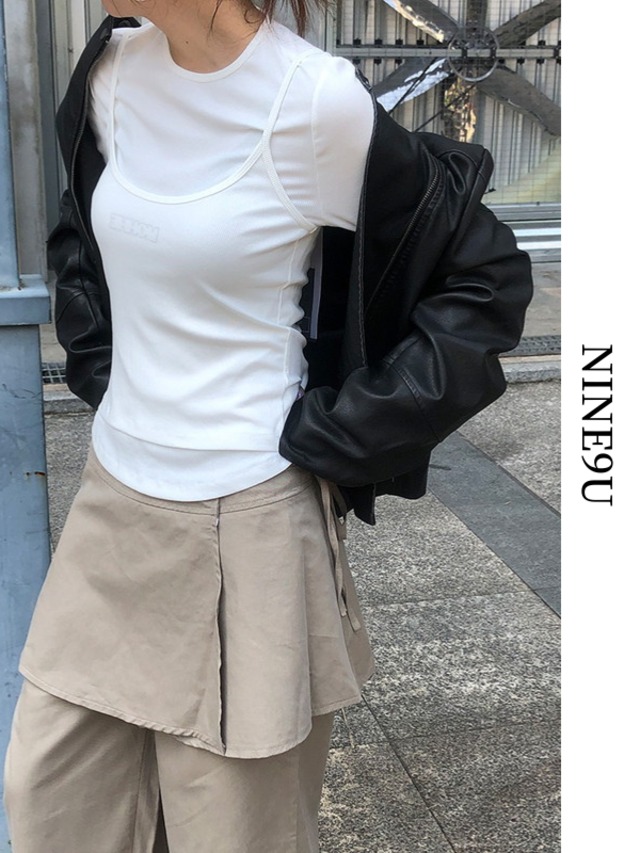 fake-layered crew-neck simple cutsew 2color【NINE9632】