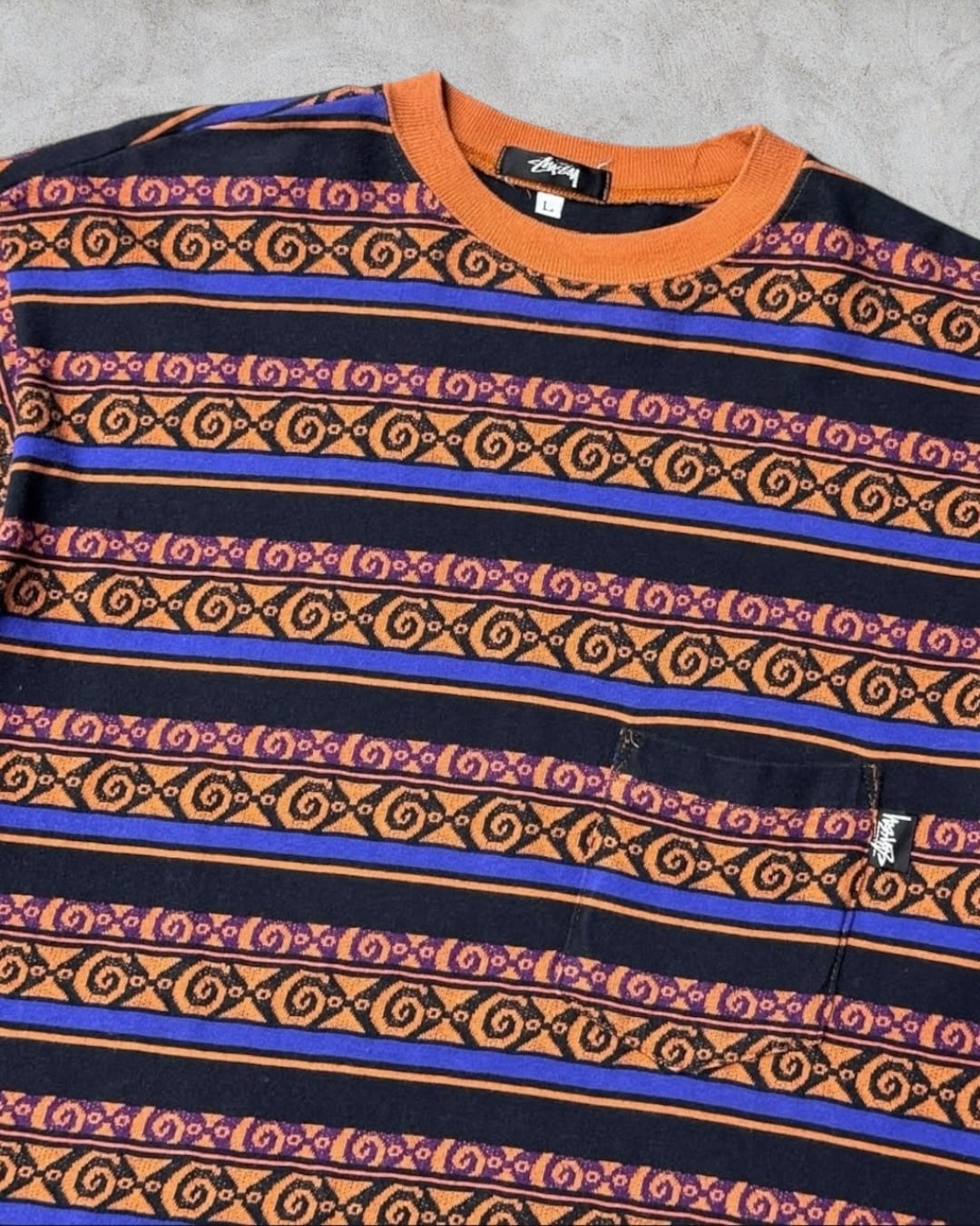 80's~90's old stussy Jacquard Pocket Tee “黒タグ” “総柄” “ボーダー