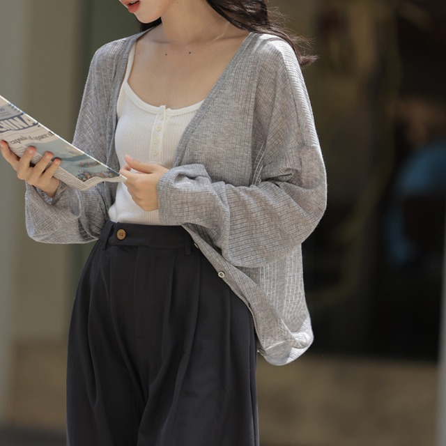 v-neck sheer knit cardigan　J00508
