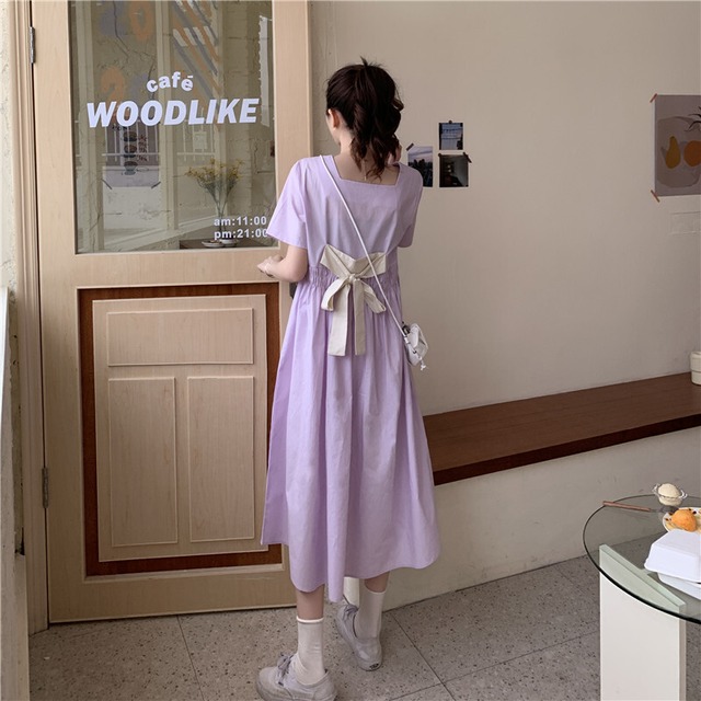 バックリボン バイカラー ロングワンピース シャーリングカラー ラベンダーカラー パステルカラー ハイウエスト スクエアネック マキシ丈ワンピース マキシワンピース ロングワンピース ミモレ丈ワンピース Aラインワンピース フレアスカート ガーリー フェミニン