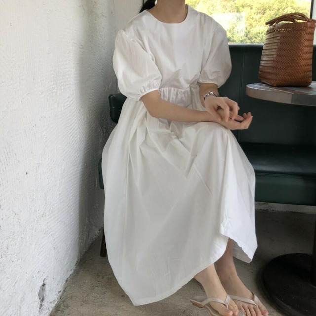 ワンピース 半袖 ロング丈 ホワイト グレー 綿 コットン 春夏 ウエスト パーティー フレア きれいめ レディース  ロング  カジュアル 韓国 通勤 ゆったり ママ 20代 30代 40代 50代 60代 ナチュラル パーティー 上品 保護者会 無地 ふわり ぽっちゃり ガーゼ  袖あり ボタン ぽわん袖 ボリューム袖 低身長 OP-0037KM