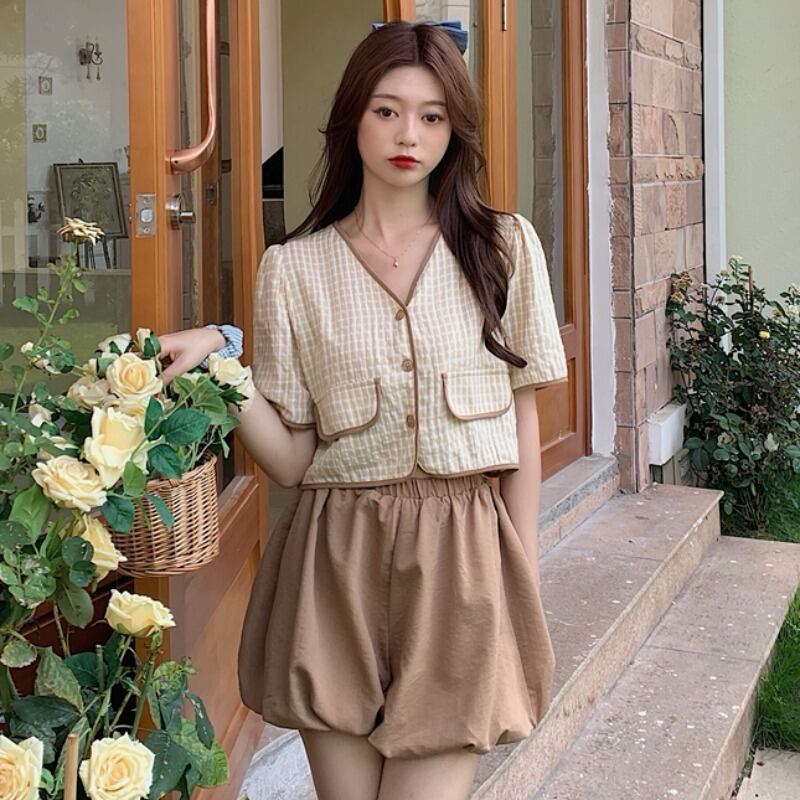 サマー格子柄Vネック薄手トップス ハイウェストウェストショーツ 夏物 ブルマー YY-ファッション77499865039