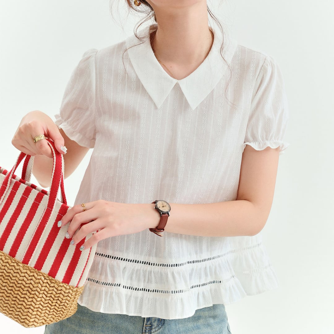 lace jacquard peplum puff sleeve blouse